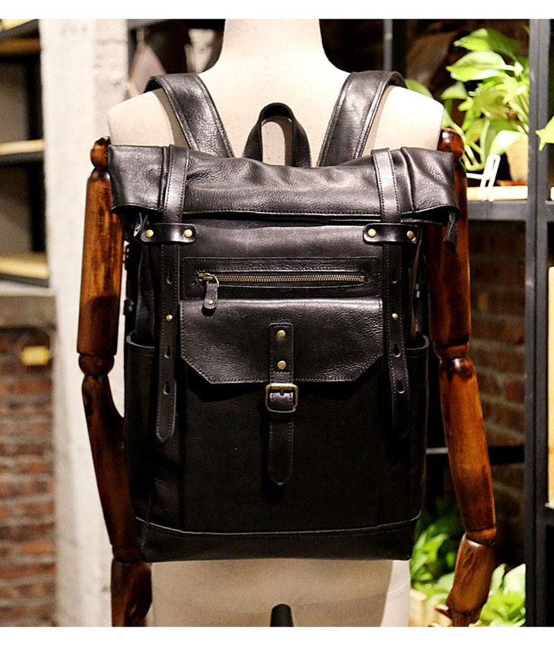 Model&nbsp;Show of Woosir Leather Roll Top Backpack with Pockets