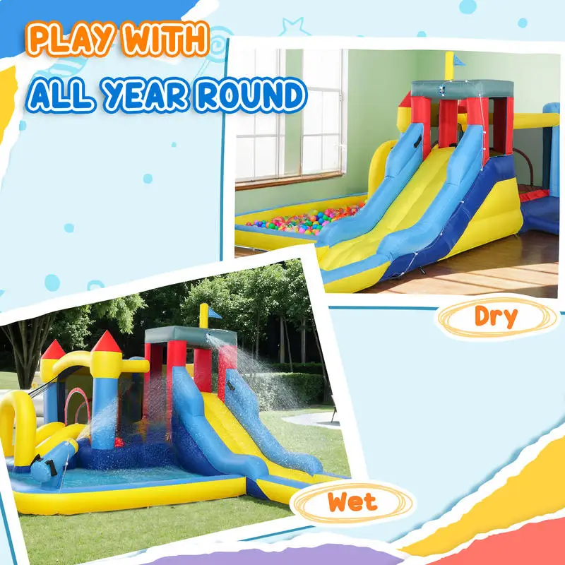 giant house with water slide wet and dry use basketball hoop climbing wall castle with ball pit for indoor outdoor details 7