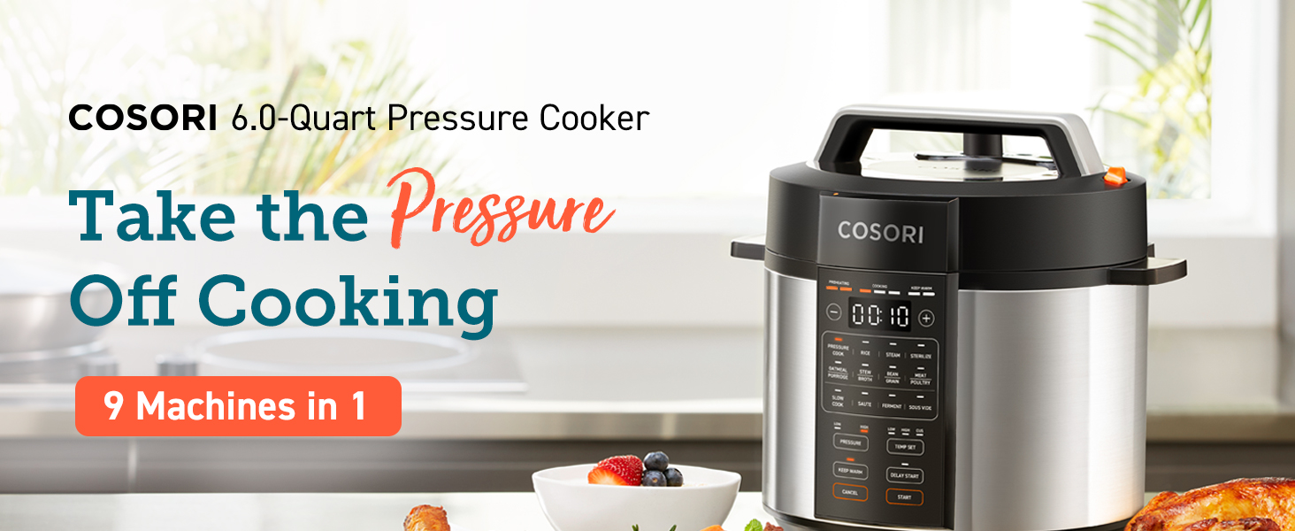 COSORI Electric Pressure Cooker, has 9 functions, is a 6-quart instant multi-cooker.