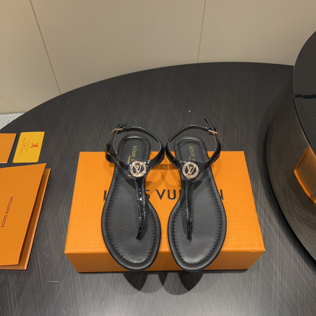 LV THONG SANDALS 25S IN BLACK CALFSKIN WITH GOLD HARDWARE、mysite、Cacoeks