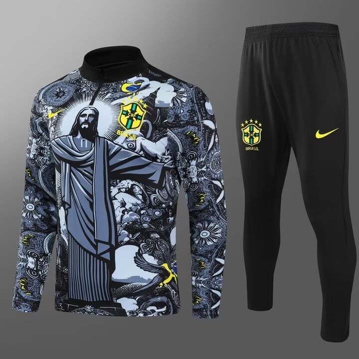 2024 Brazil Half-Pull Training Suit Special Edition Jesus Black Football Shirt Set-mysite Custom Football Kit- Nextkits