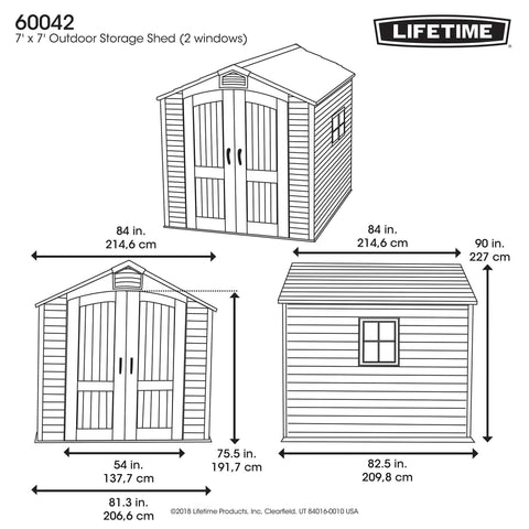 Technical drawing of Lifetime 7x7 ft Outdoor Storage Shed showing the dimensions and design features.