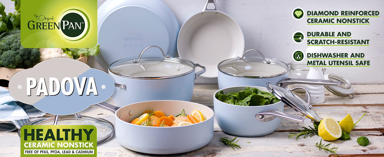 GreenPan, Padova, Healthy Ceramic Nonstick, Pots and Pans, Cookware, stainless steel, vibrant, pfoa