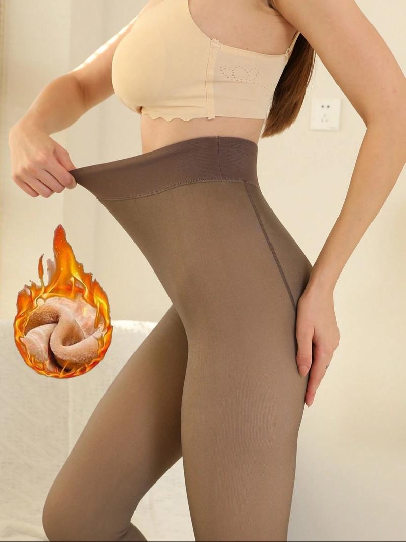 Women's Solid Color Thermal Lined Tights, Casual Comfy High Stretch Warm Pantyhose for Daily Wear, Ladies Tights for Fall & Winter