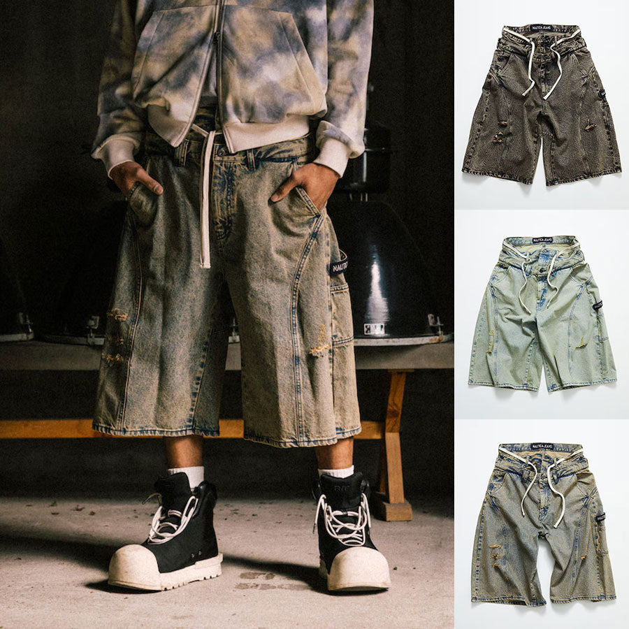 NAUTICA ( JAPAN ) Double Waist Distressed Baggy Curve Cropped Denim Pants