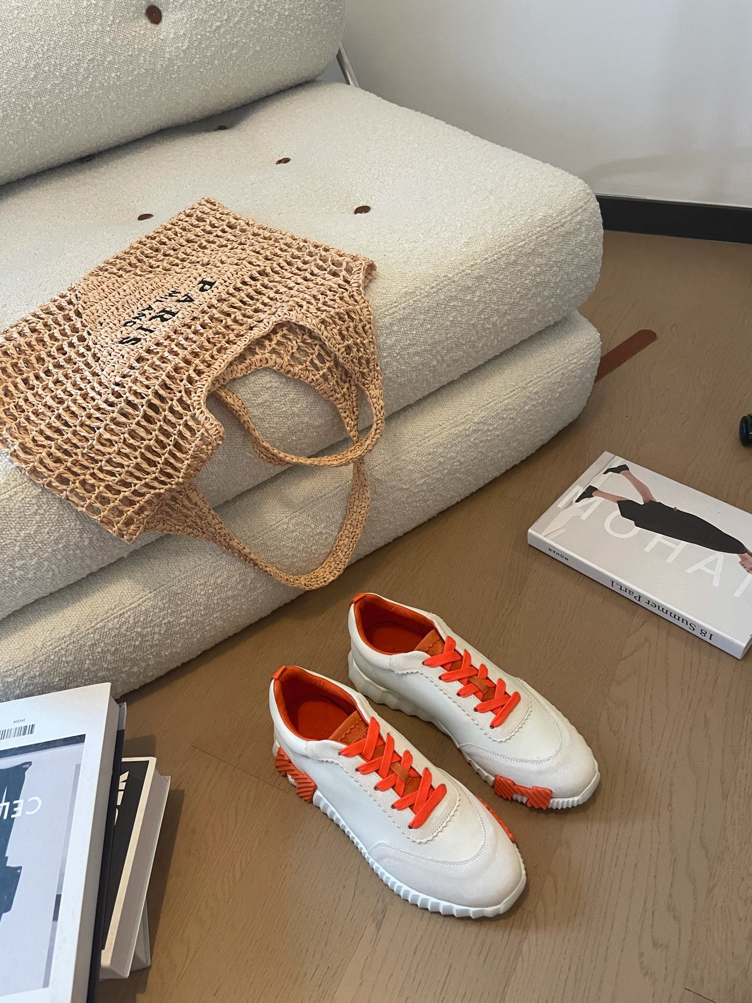 BOUNCING SNEAKERS WHITE CALFSKIN WITH ORANGE LACES、mysite、Cacoeks