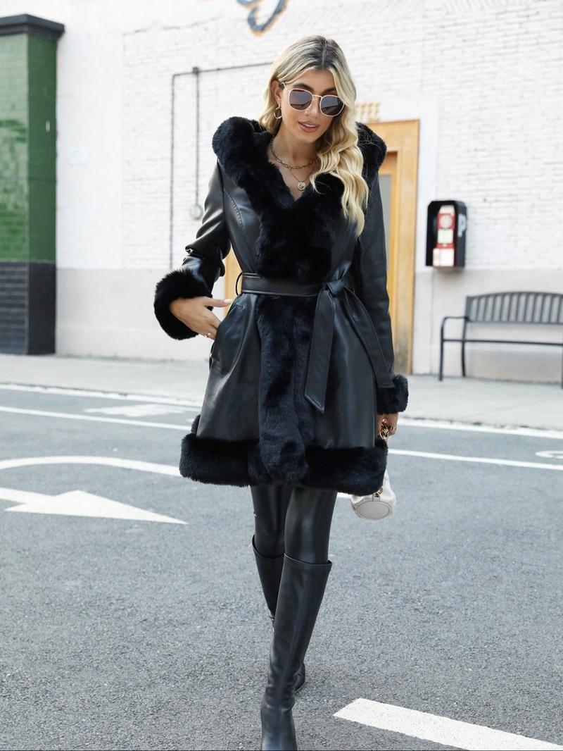 Women's Fall Winter Faux Leather Jacket with Detachable Belt, Long Sleeve Fitted Coat with Hood, Casual Warm Daily Wear