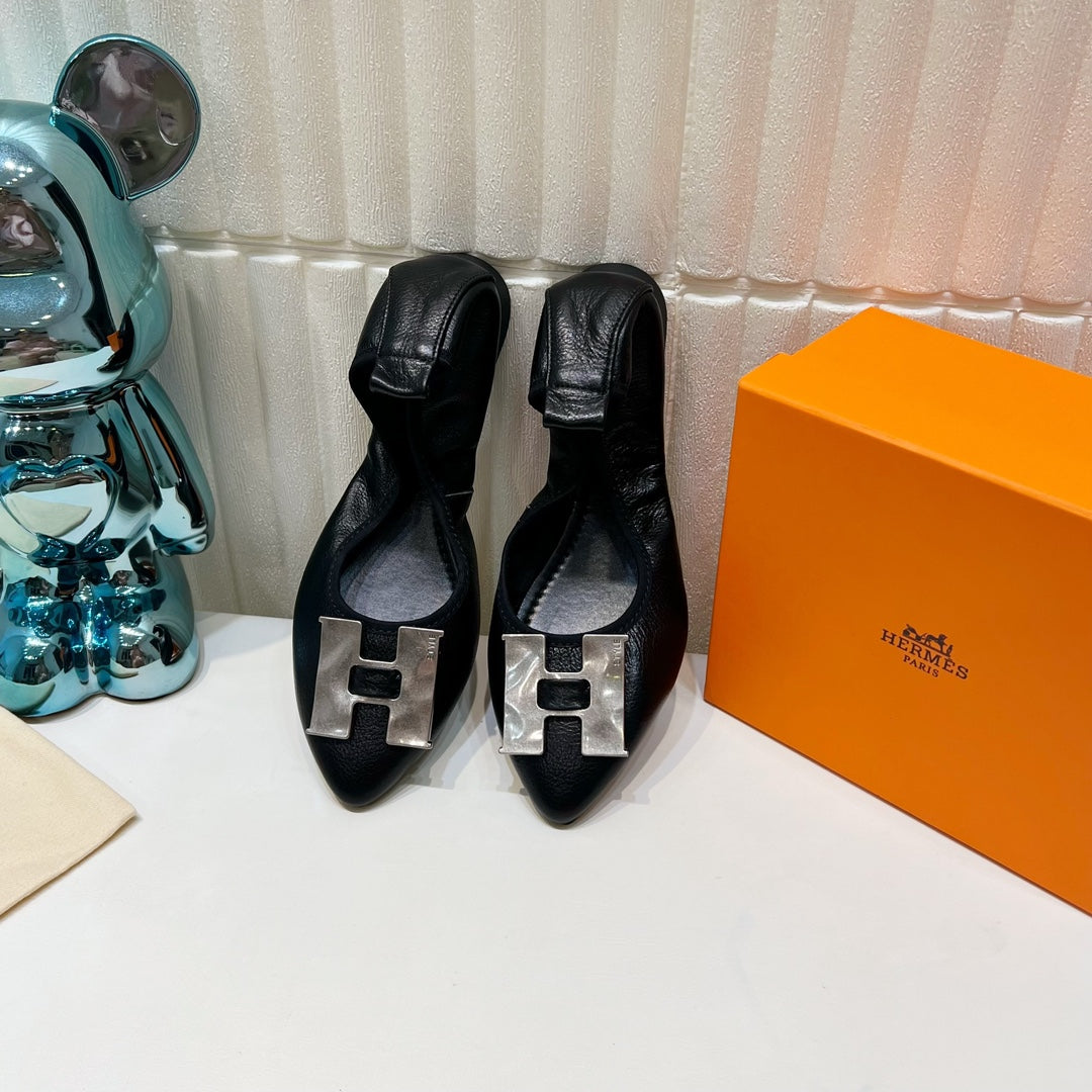 H-BUCKLE BALLLET FLAT BLACK CALFSKIN、mysite、Cacoeks