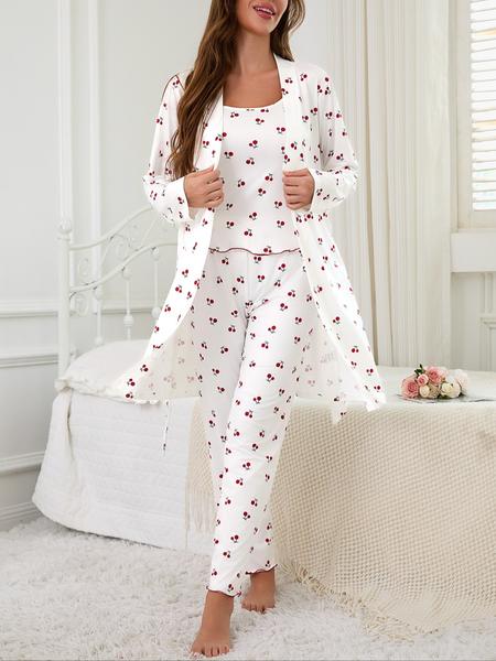 Cherry Print Women's Nightgown Set + Strap Pants, Comfortable Casual Home Wear, All-Season Fitted Sleepwear, Moderate Fabric Cherry Print Women's Nightgown Set + Strap Pants, Comfortable Casual Home Wear, All-Season Fitted Sleepwear, Moderate Fabric