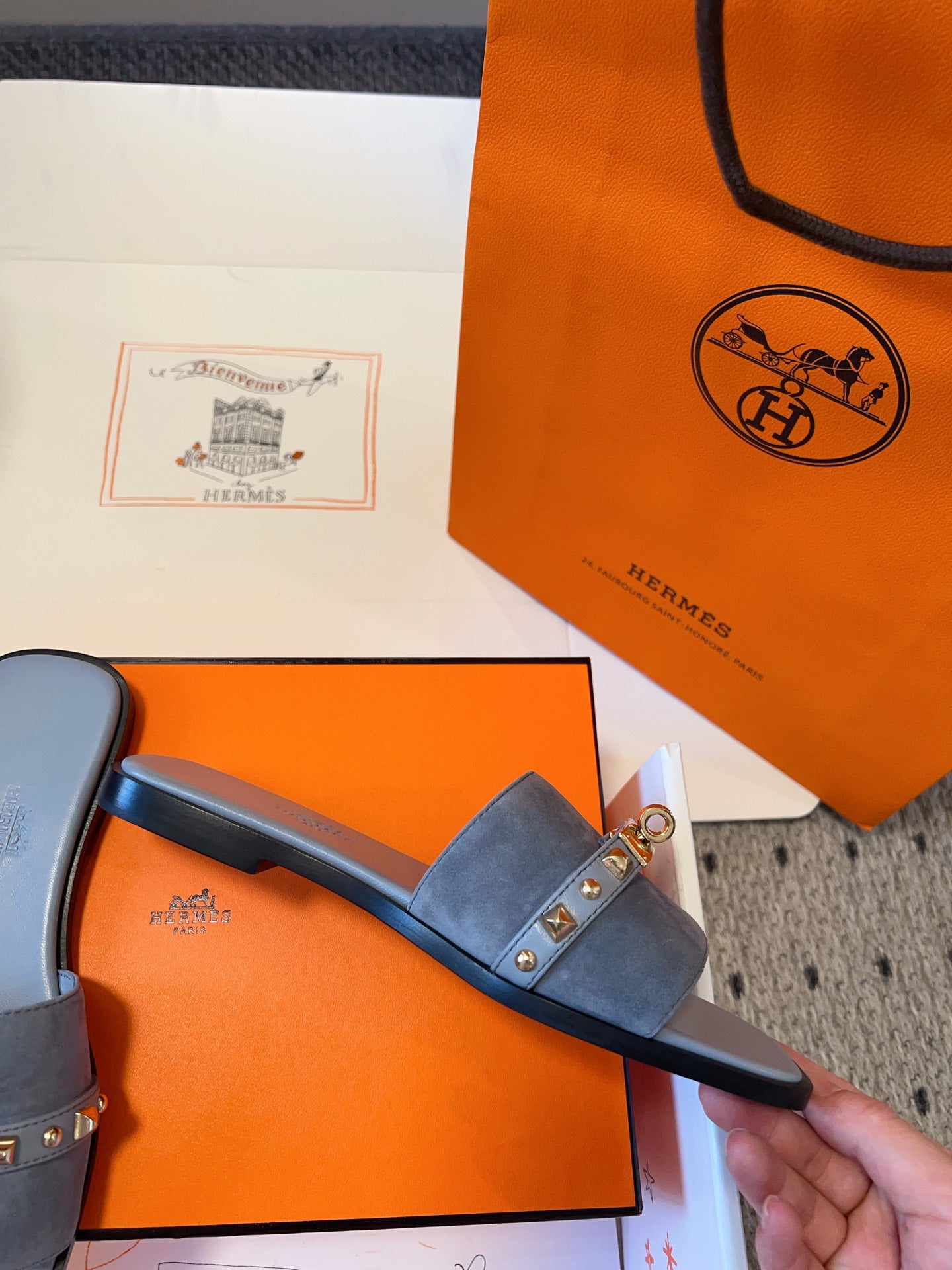 GIULIA FLAT SANDAL IN CERULEAN BLUE SUEDE、mysite、Cacoeks