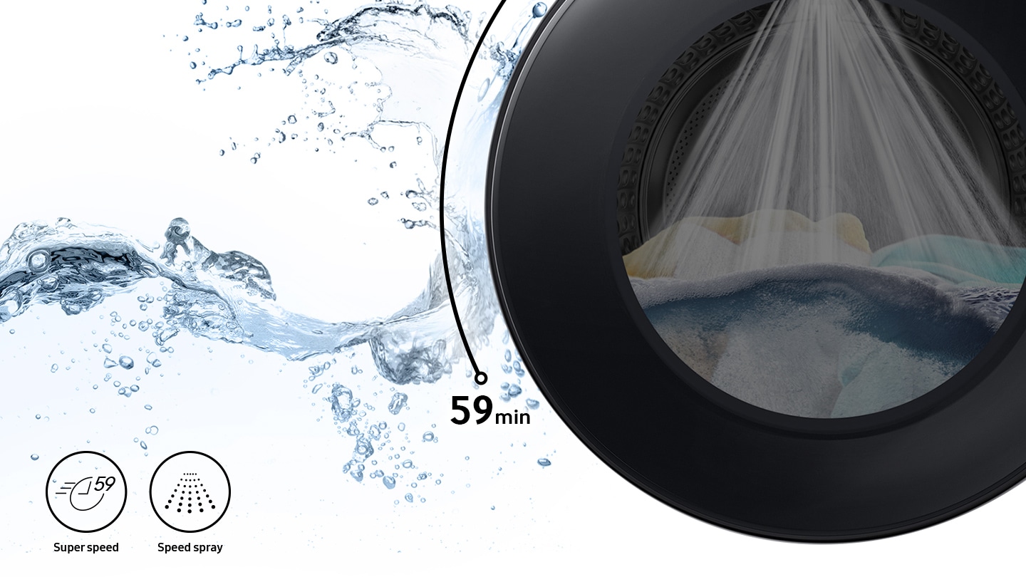 Get WD90T634DBN/SP EcoBubble™. 9Kg. Washer Dryer. 4 Ticks now. Laundry filled washer drum seen submerged in water