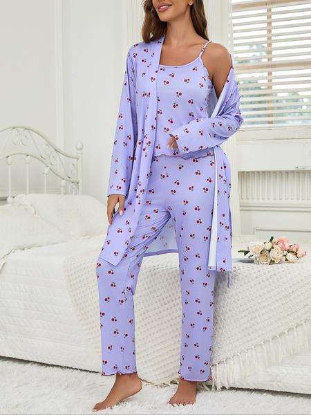 Cherry Print Women's Nightgown Set + Strap Pants, Comfortable Casual Home Wear, All-Season Fitted Sleepwear, Moderate Fabric Cherry Print Women's Nightgown Set + Strap Pants, Comfortable Casual Home Wear, All-Season Fitted Sleepwear, Moderate Fabric