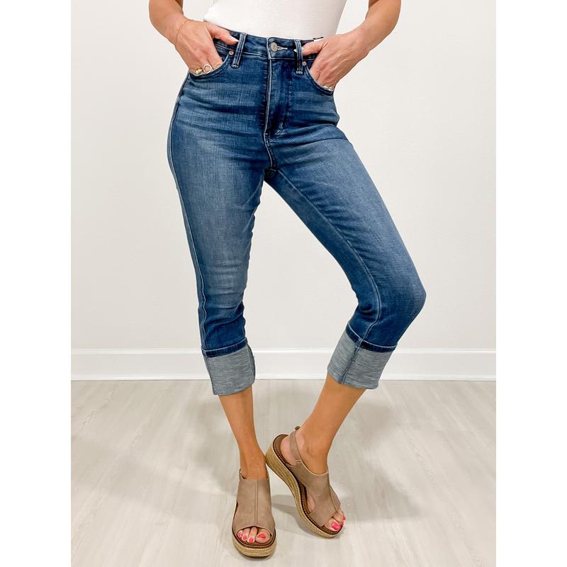 Judy Blue FRANKIE High Waist Tummy Control Cuff Capri Jeans 0