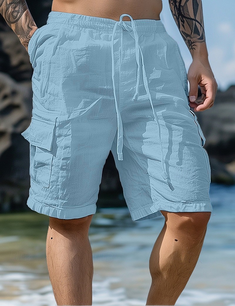 Men's Shorts Linen Shorts Summer Shorts Beach Shorts Drawstring Elastic Waist Multi Pocket Plain Knee Length Outdoor Beach Hawaiian Casual ArmyGreen Black Inelastic 2025 - $17.99 –P3