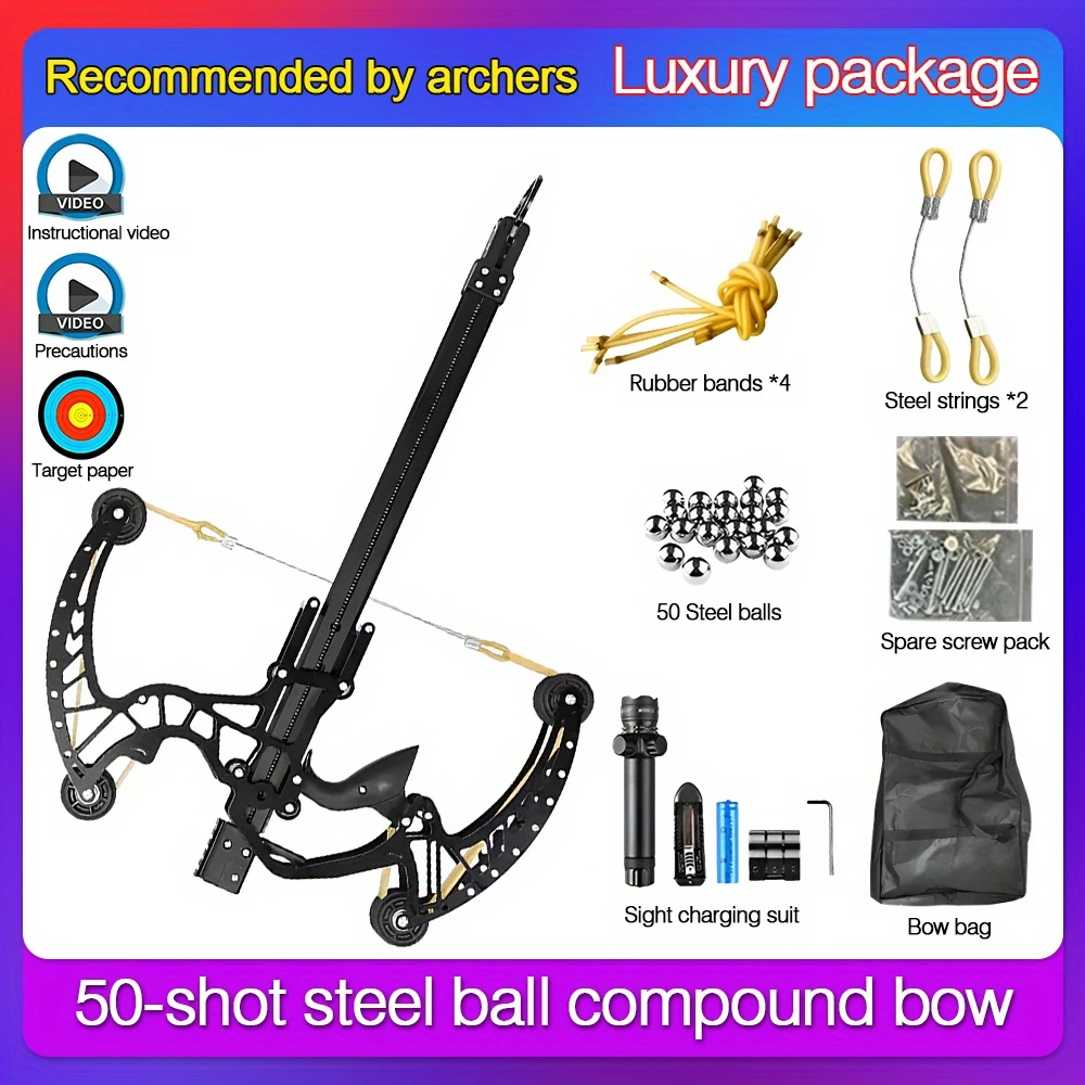 new   50 shots steel ball compound bow recurve bow full metal   shooting slingshot archery and ball dual use bow outdoor competitive sports high power long range adult bow details 0