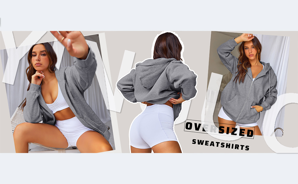 Collection of images showing various casual clothing items being worn or displayed, including what appear to be sweatshirts or athletic wear.
