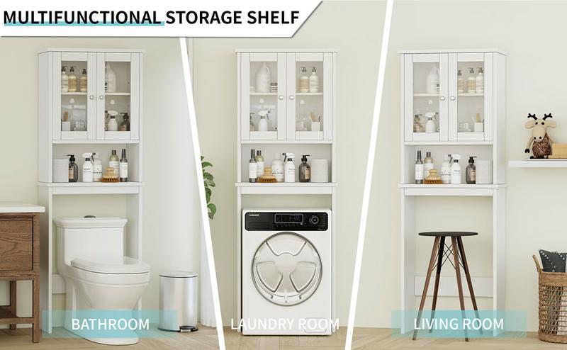 Product Introduction of Walsunny Over Toilet Storage Cabinet, Bathroom Shelf Organizer Over Toilet, Washing Machine Box, Space Saver with Adjustable Decorative Racks, White 1