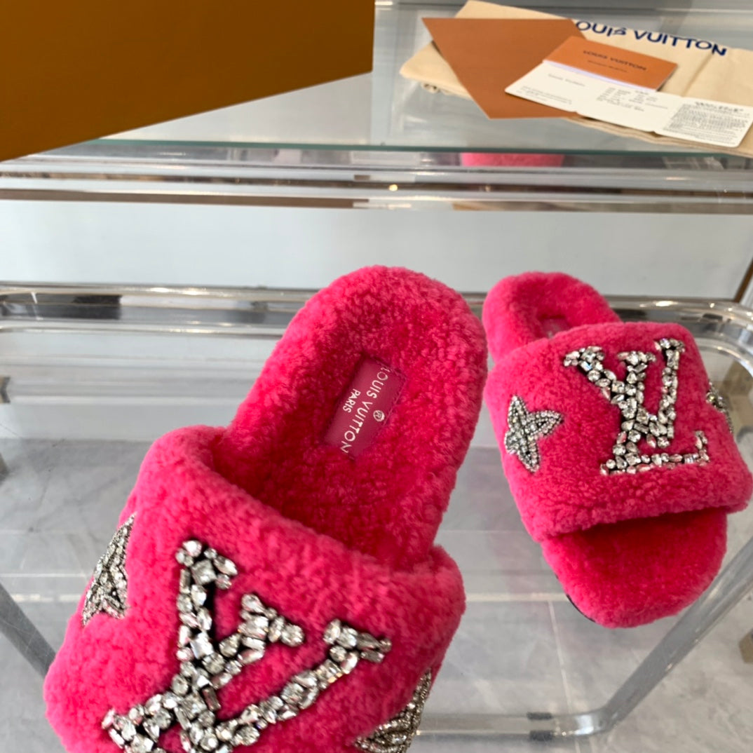 LV WOMEN'S PASEO FLAT SLIPPER IN DEEP PINK FLEECE、mysite、Cacoeks