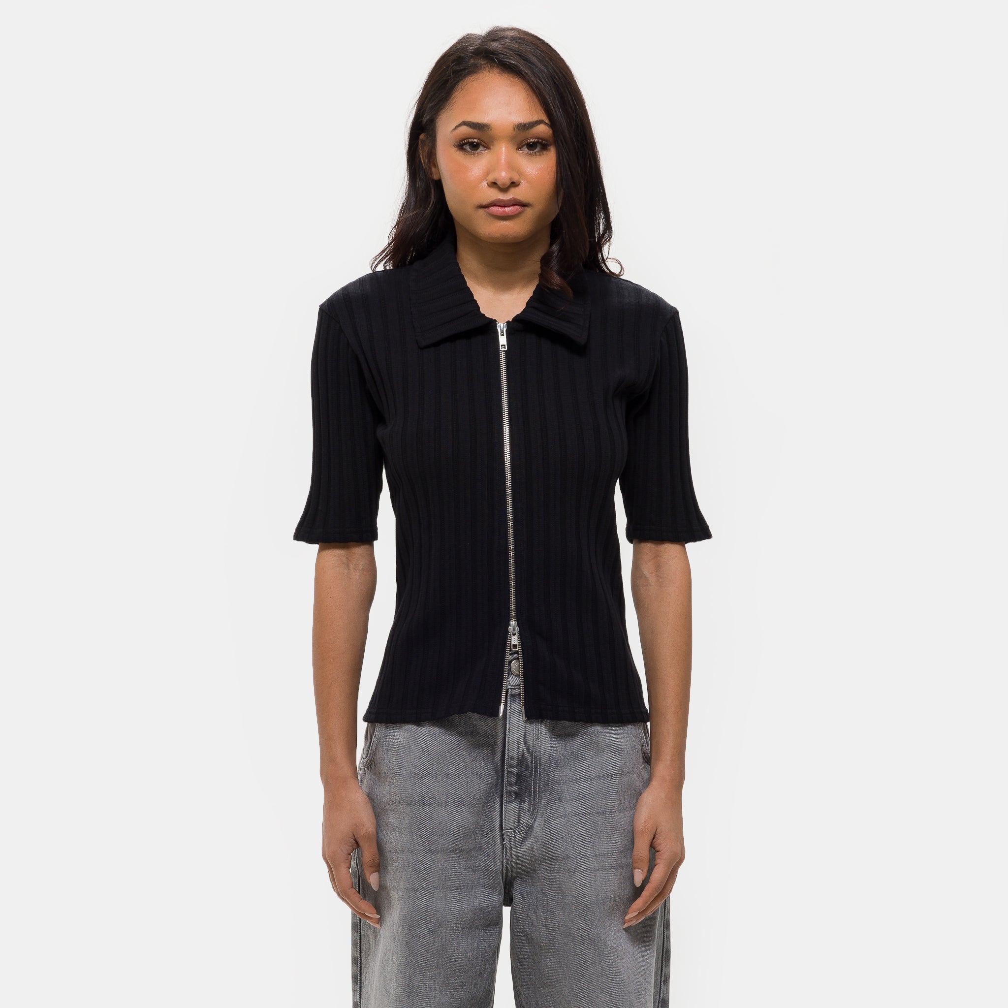 Zip Up Polo in Black Rib