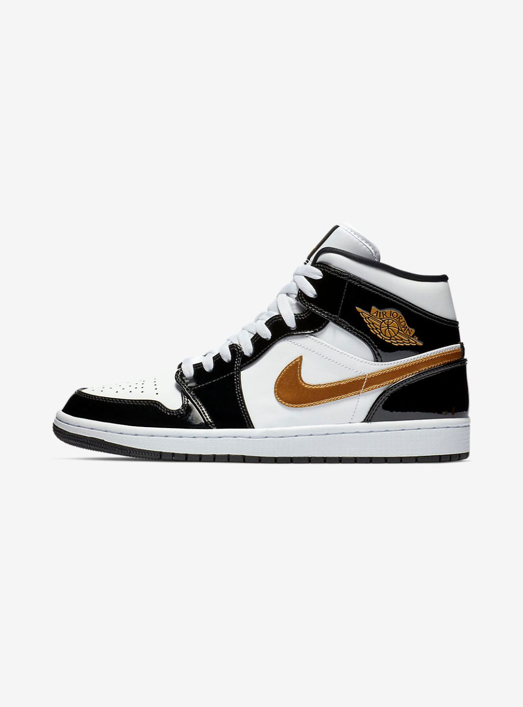 Air Jordan 1 Mid Patent Black White Gold、JORDAN、Cacoeks