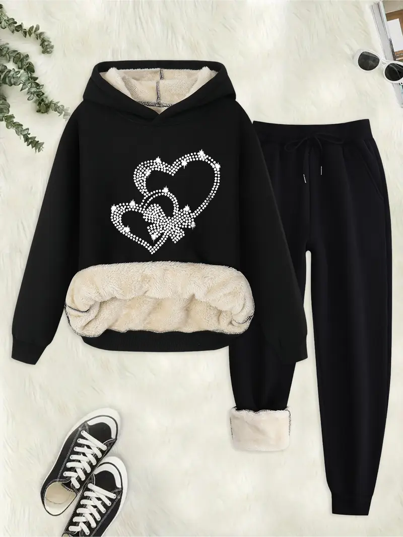 japanese and korean style casual womens heart bow print hoodie and pants set   fall winter featuring a plush design ideal for outdoor Product details 16