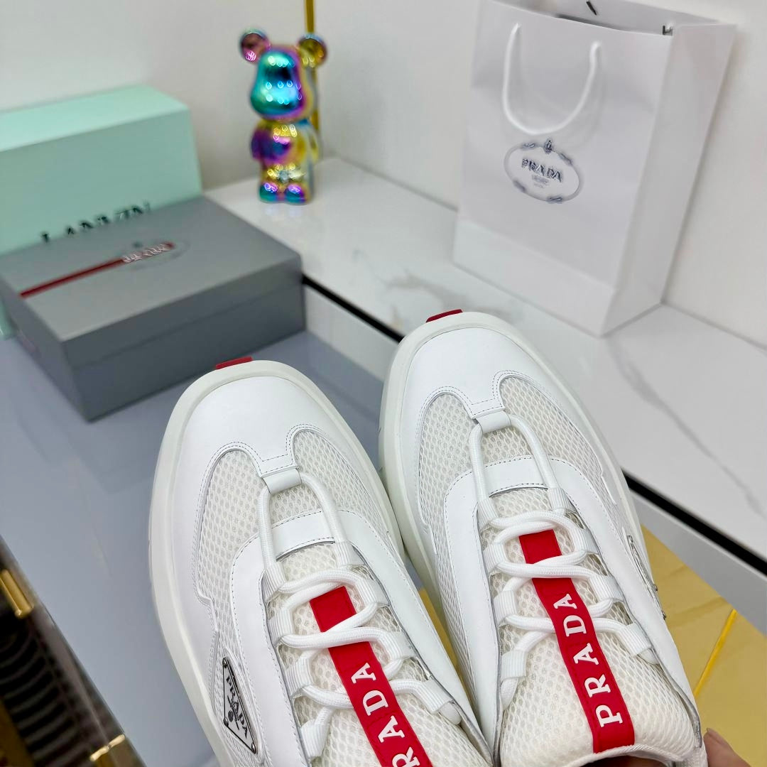PRADA 25S CROSS LACED SNEAKERS IN WHITE CALFSKIN、mysite、Cacoeks