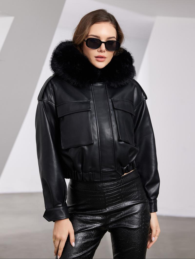 Women's Contrast Faux Fur Trim Hooded Jacket, Casual Long Sleeve Zipper Button Front Pocket Outerwear for Fall & Winter, Women's Clothing for Daily Wear