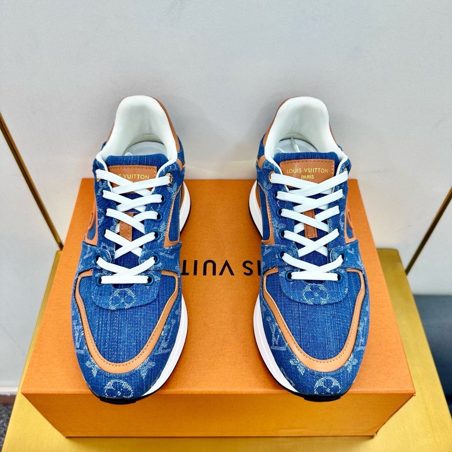 NEO RUN AWAY SNEAKER IN CLASSIC BLUE MONOGRAM DENIM AND ORANGE CALFSKIN、mysite、Cacoeks