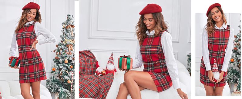 Imily Bela Women's Plaid Christmas Dress Mini Sleeveless Round Neck A Line Short Xmas Party Dresses