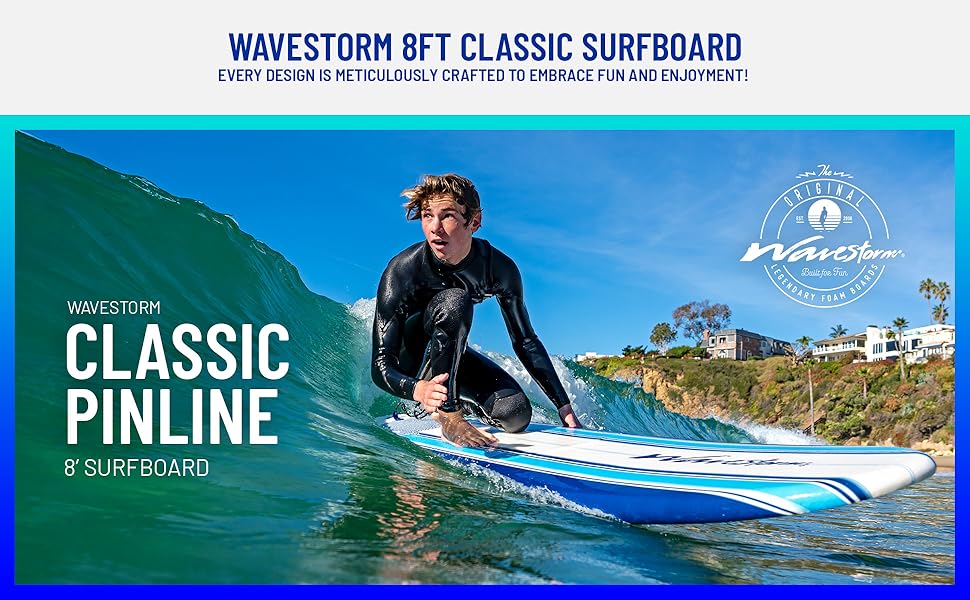 Wavestorm 8ft Classic Soft Top Foam Surfboard Leash Fins Teens Adult boy girl fun ocean blue Pinline