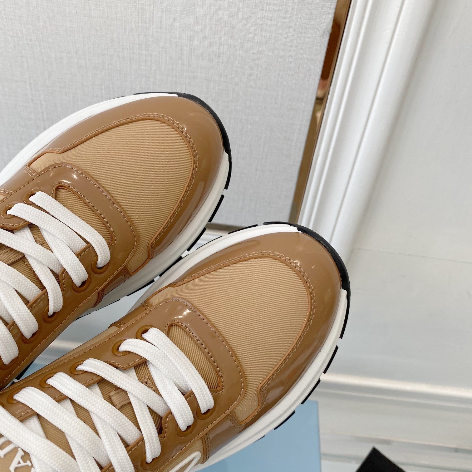 PRADA 25S THICK SOLE SNEAKER IN BROWN CALFSKIN AND CANVAS、mysite、Cacoeks