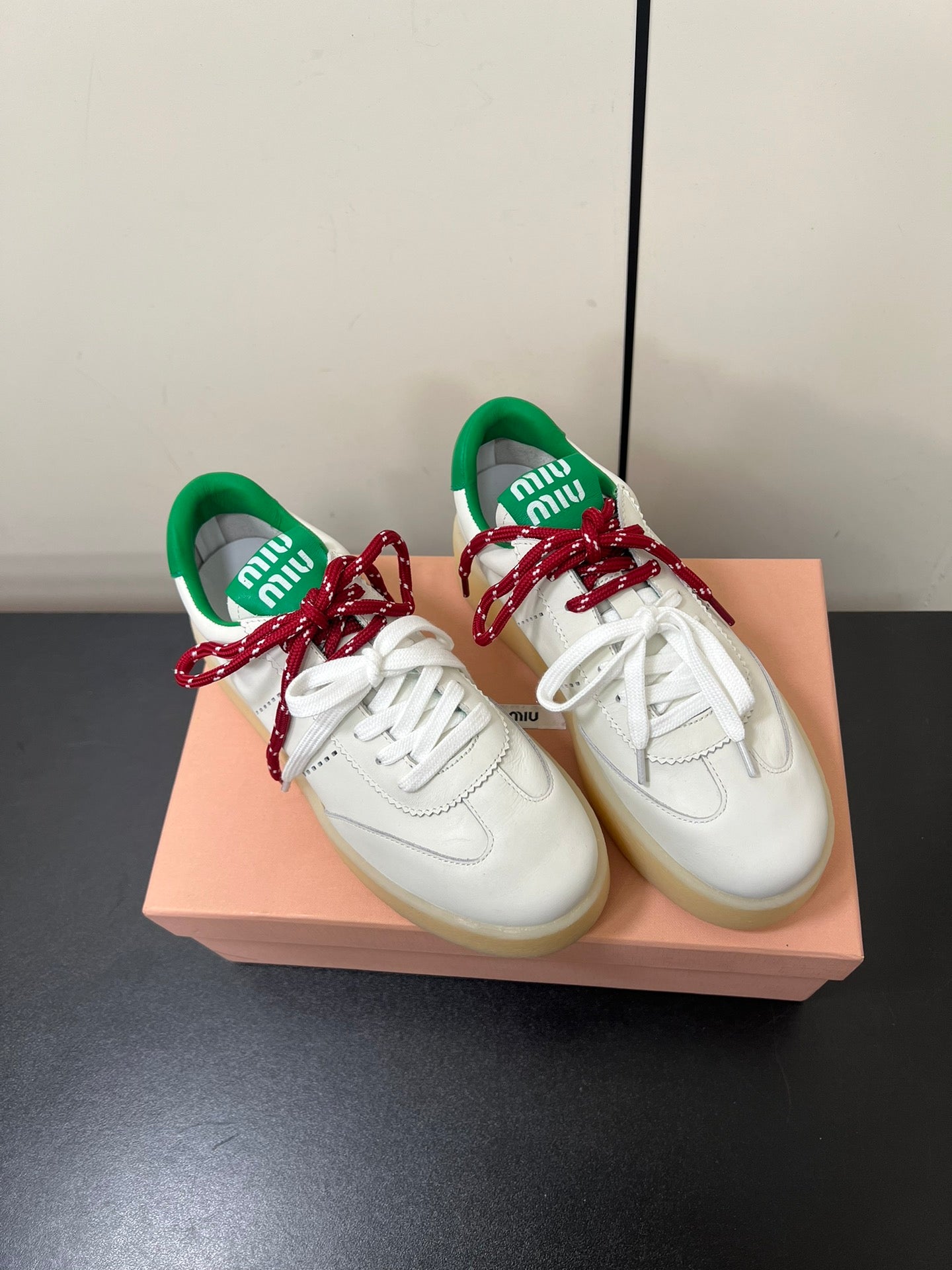 THICK-SOLED RETRO SNEAKERS IN WHITE MIX GREEN SMOOTH LAMBSKIN、mysite、Cacoeks