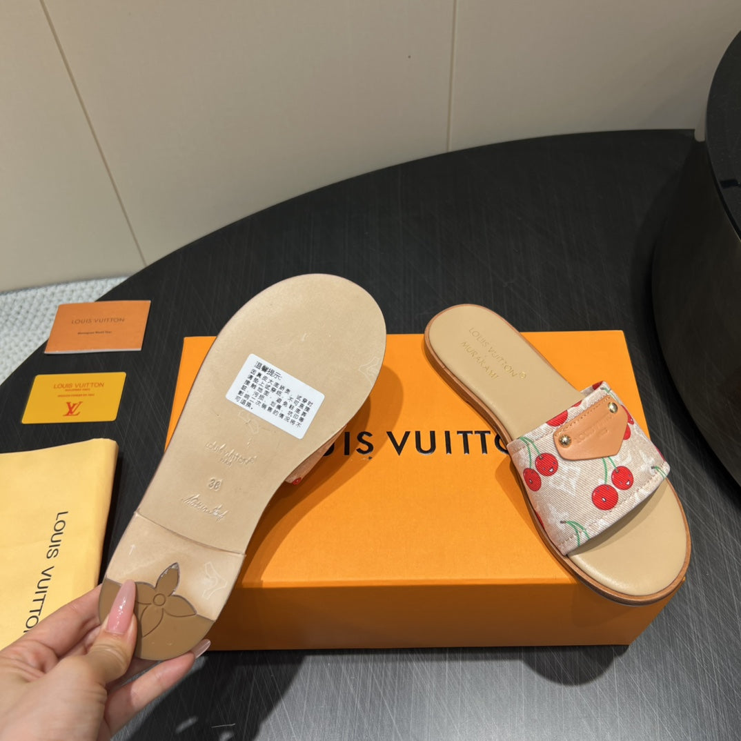 LV SLIDE SANDALS 25S IN BEIGE DENIM AND CALFSKIN WITH LOGO PRINT、mysite、Cacoeks
