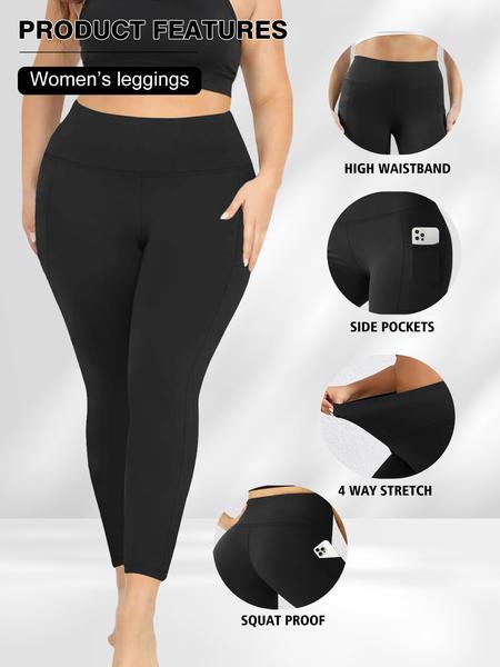Plus Size Solid High Waist Leggings with Pocket, Summer Outfits, Casual High Stretch Skinny Pants for Women, Soft Comfortable Women's Bottoms for All Seasons