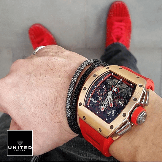 Richard Mille RM011 Red Demon Man Gold Bezel Replica on the man wrist