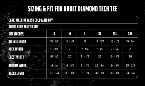 Diamond Tech Tee size chart