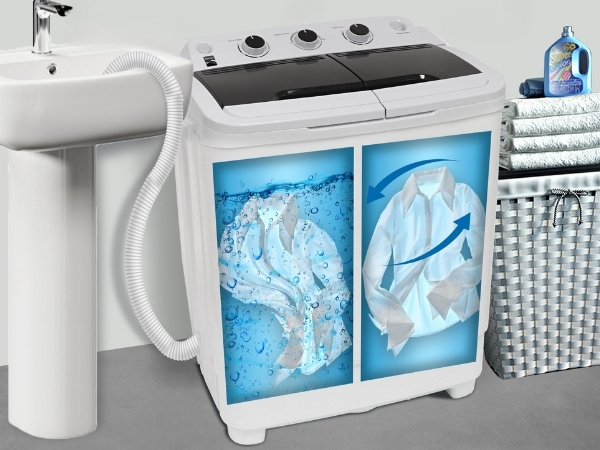 Kenmore twin tub washer with overlaid images of white shirts washing and spinning inside