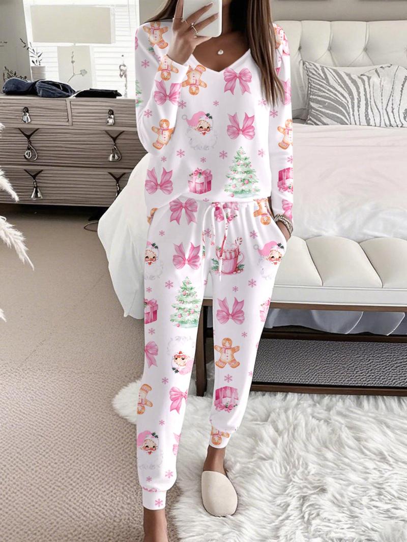 Women's Christmas Print Casual Set, Long Sleeve V Neck Top & Belted Pants, Ladies Homewear & Pajamas, Spring & Fall Fashion