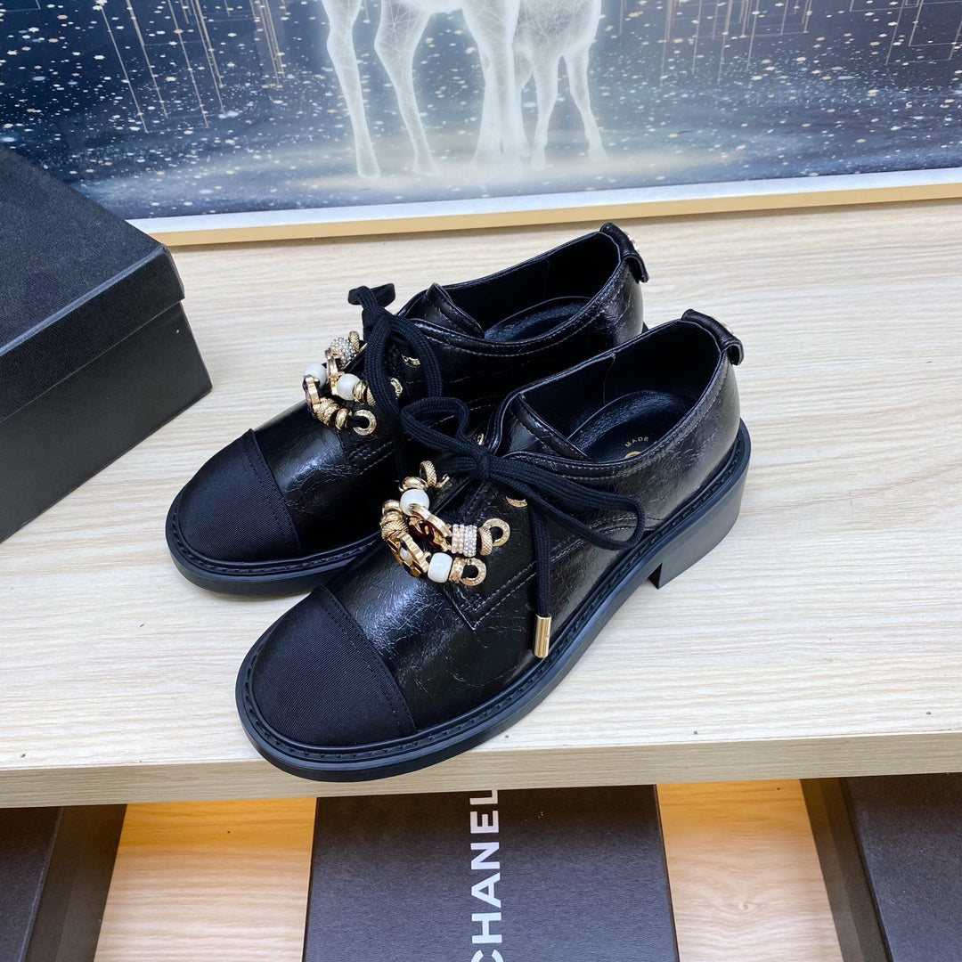 CC COMBAT OXFORD SHOES IN BLACK WRINKLED CALFSKIN AND GROSGRAIN WITH FAUX PEARL、mysite、Cacoeks
