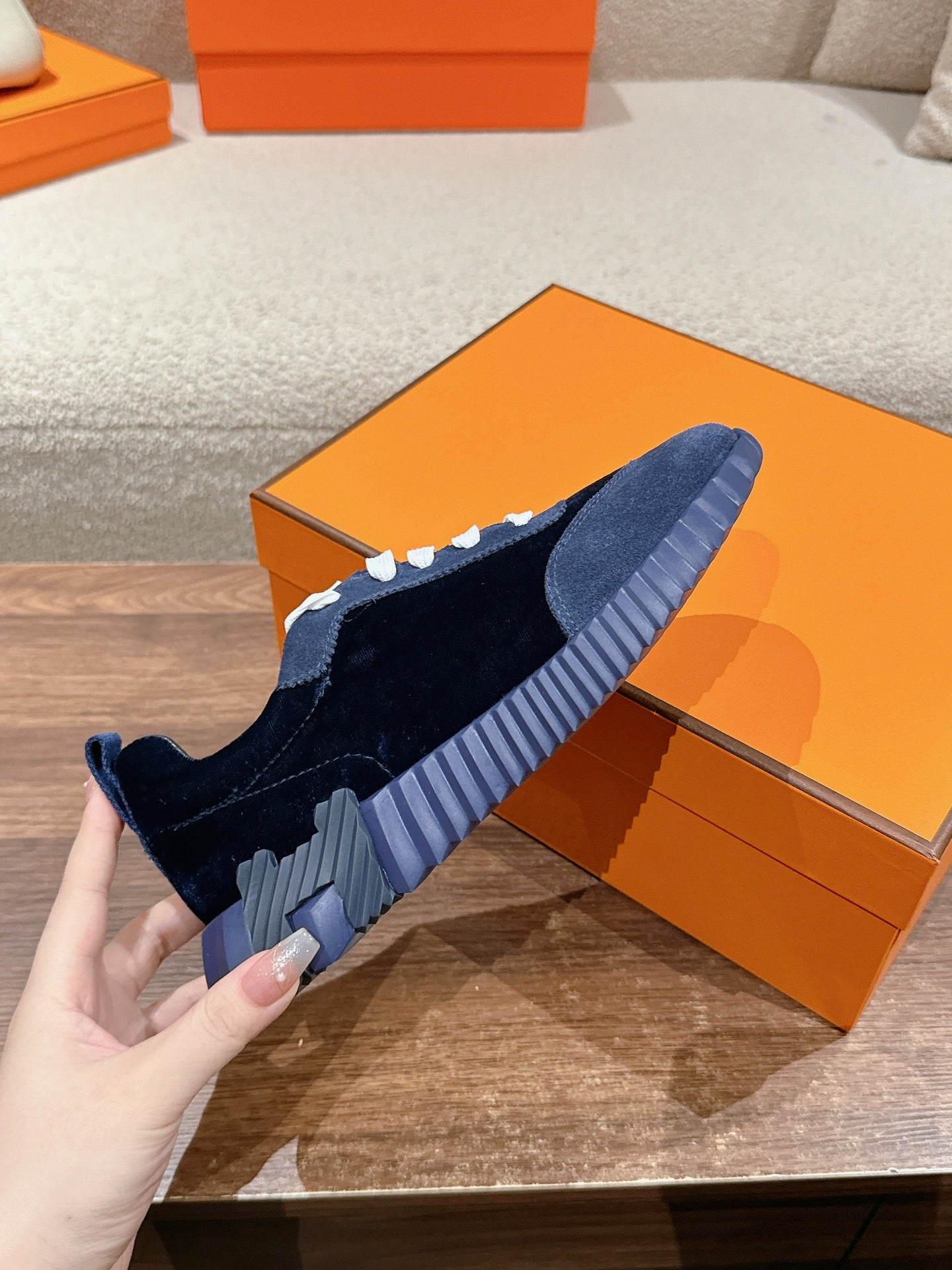 MAINLAND SNEAKER IN NAVY BLUE SUEDE AND BLACK VELVET、mysite、Cacoeks