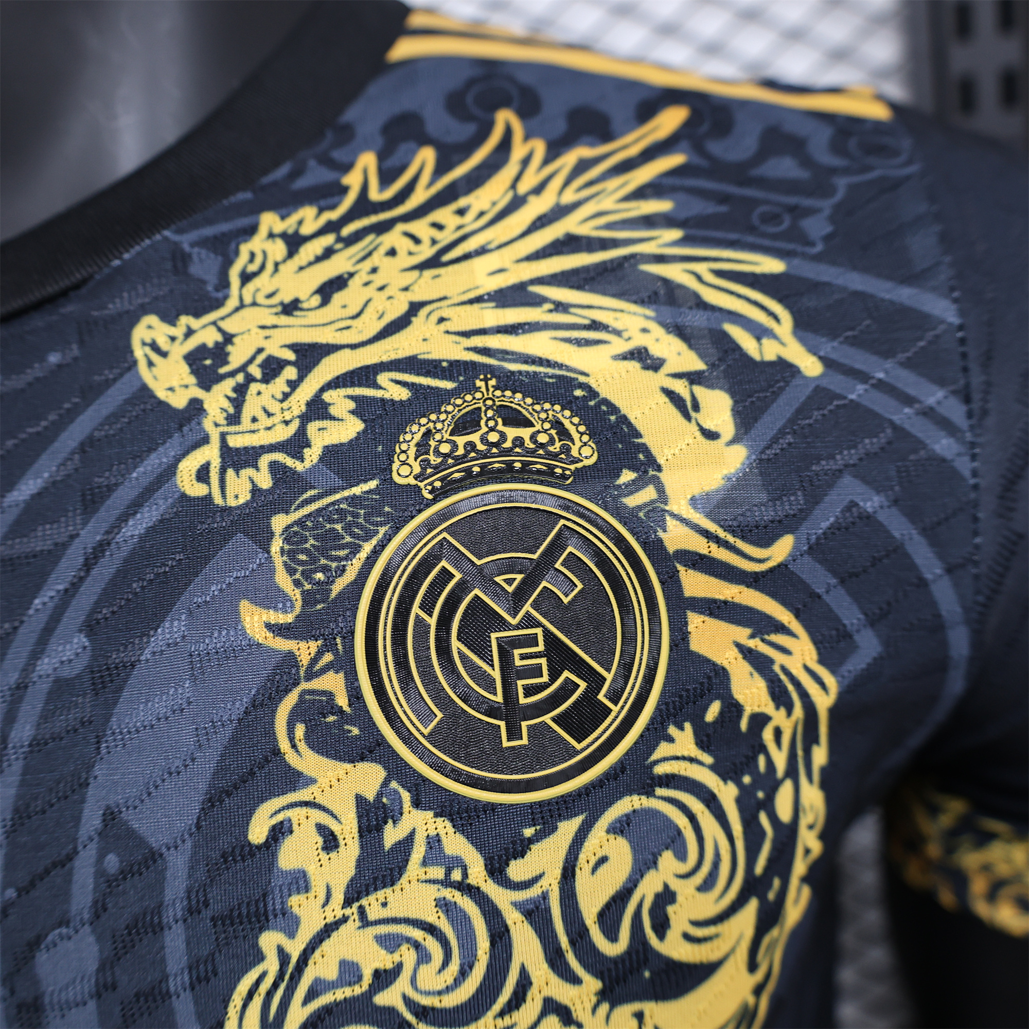 JerseysGala.com | Real Madrid 24-25 Gold Loong Black Special Edition Jersey - Player Version -Customize Name, Number and Patch | Worldwide Shipping