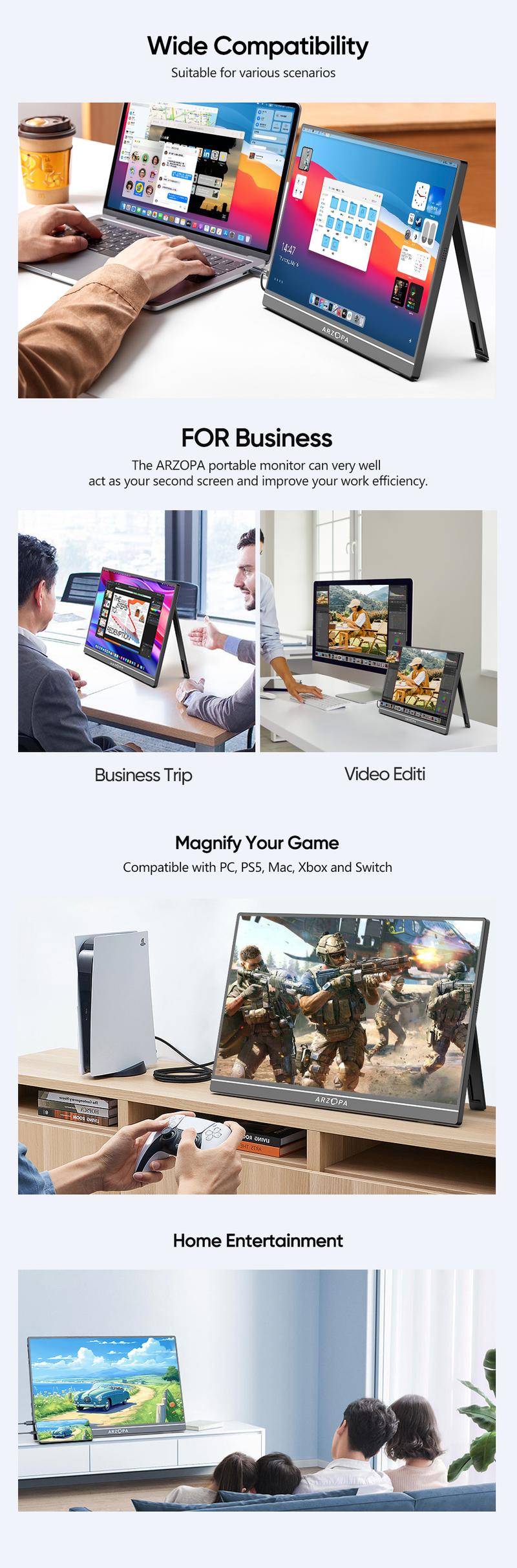 Product Introduction of ARZOPA Portable Monitor FHD 1080P Portable Laptop Monitor for PC, Mac, Xbox, Switch, PS5, iPhone15 IPS Display Computer Display HDR External Screen 5