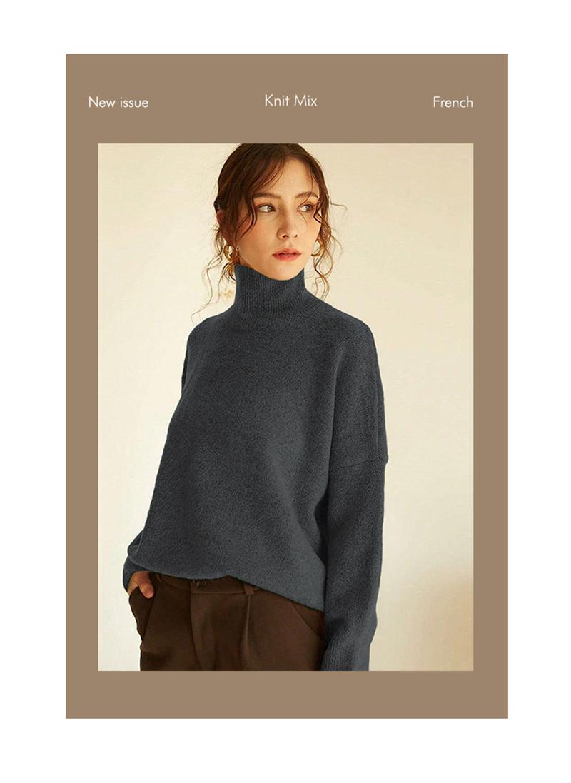 Autumn Winter Women's Knit Sweater High Neck Loose Casual French Style Elegant Simple Solid Color Pullover Long Sleeve Top