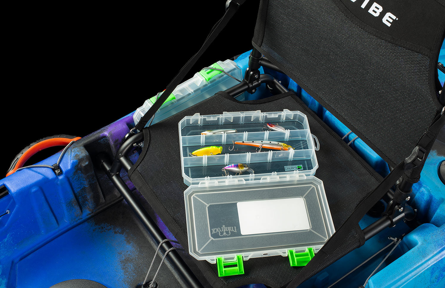 Yellowfin 120 with 2 tackle box storage slots Yellowfin 120 kayak has 2 tackle box storage slots