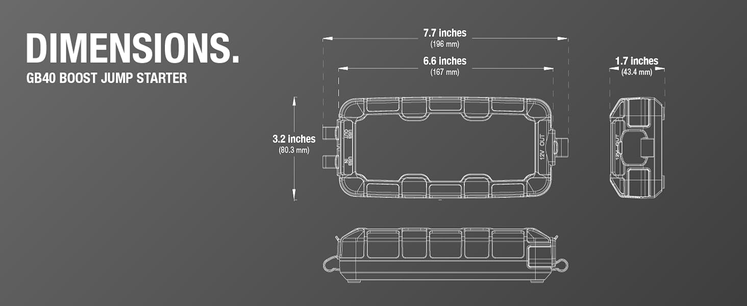 Dimensions. The dimensions of the GB40 jump starter.