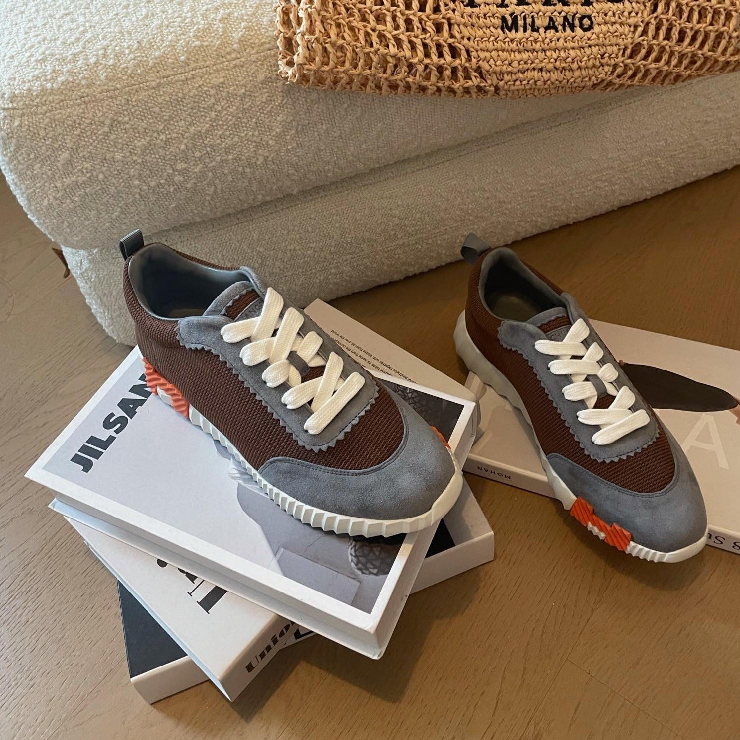 BOUNCING SNEAKERS GRAY MIX BROWN CALFSKIN、mysite、Cacoeks