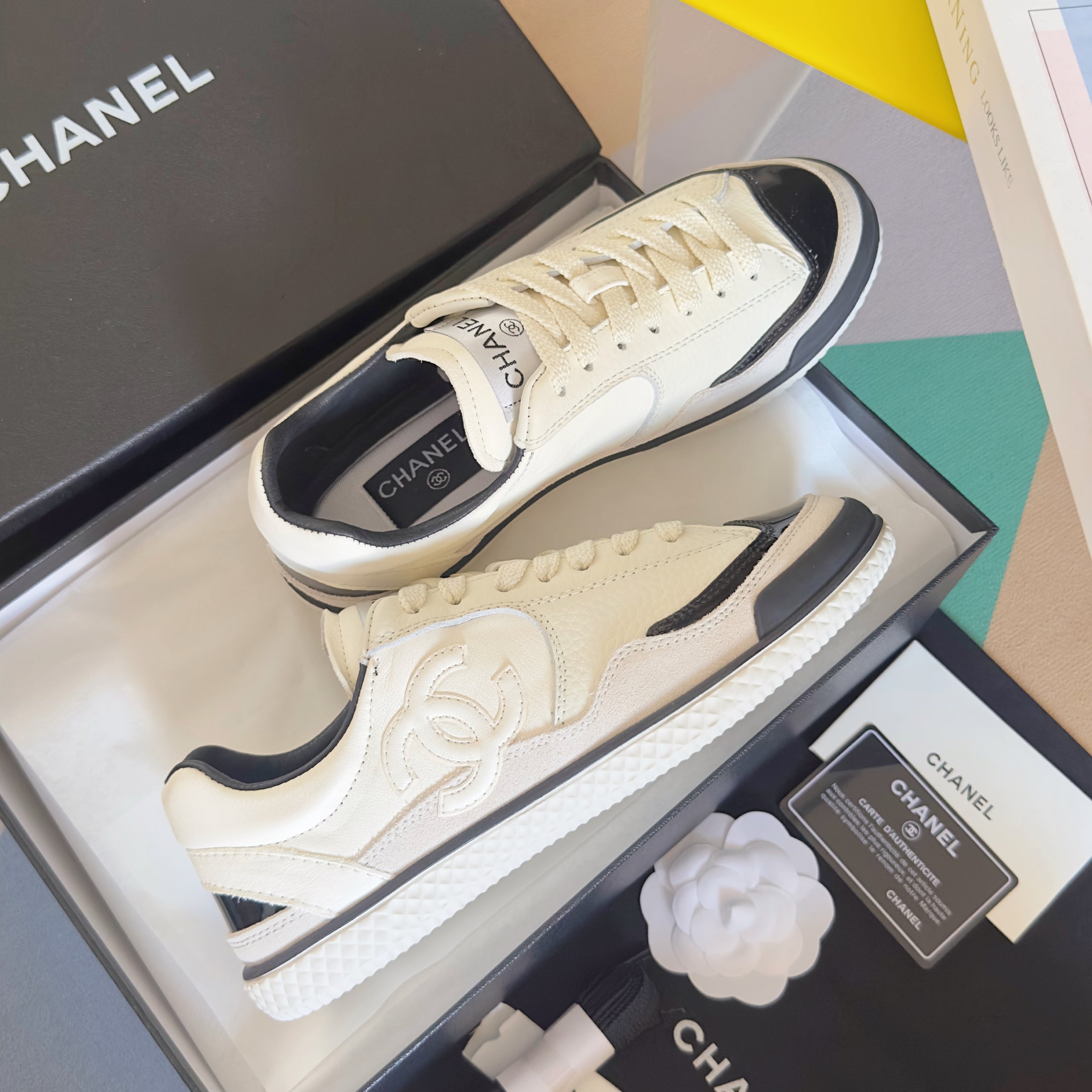 CHANEL 25S SNEAKERS WITH PATENT TOE 20MM IN WHITE CALFSKIN、mysite、Cacoeks
