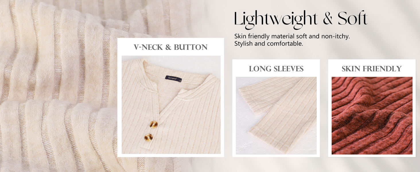 Text reads 'UNISEX & BELTED', 'Lightweight & Soft', 'LONG SLEEVES', 'SKIN FRIENDLY'. Product display showing beige textured fabric with close-up details of material properties.