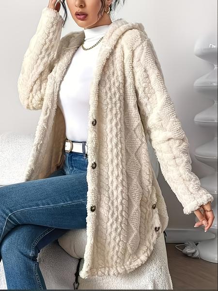 Women's Solid Color Fuzzy Hooded Jacket, Casual Long Sleeve Outerwear for Daily Wear, Ladies Clothes for All Seasons, Winter Womenswear