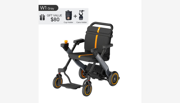 Lightweight foldable electric wheelchair with cup and cane holders in gray